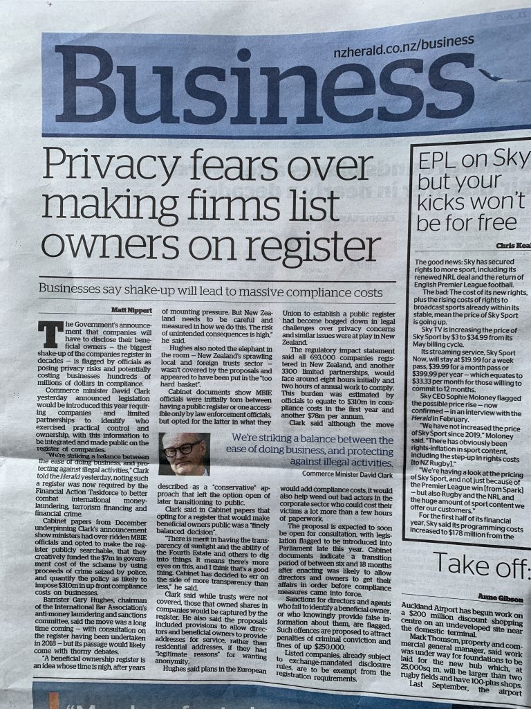 NZ Herald - privacy fears over making firms list on beneficial owners register