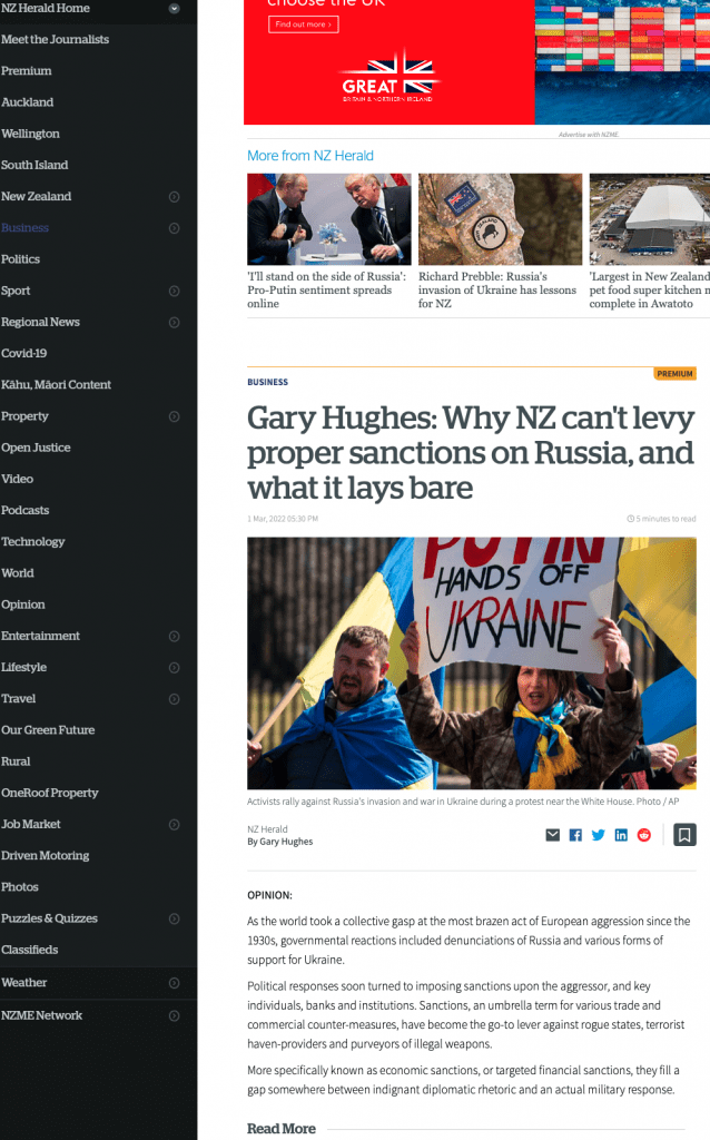 NZ Herald Why New Zealand can't level sanctions on Russia
